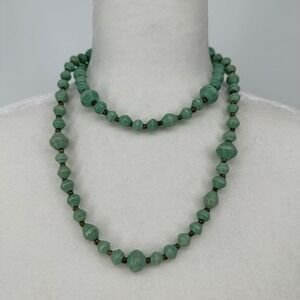 Handmade Teal Green Recycled Paper Bead Necklace‎ Long Statement Beaded 20 in